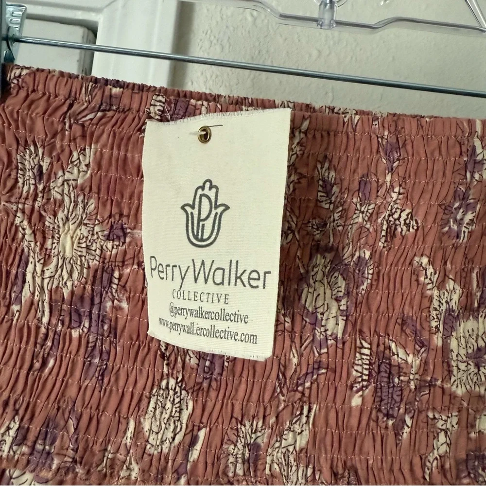 NWT PERRY WALKER pink floral cotton smocked tiered mini skirt - Picture 5 of 6